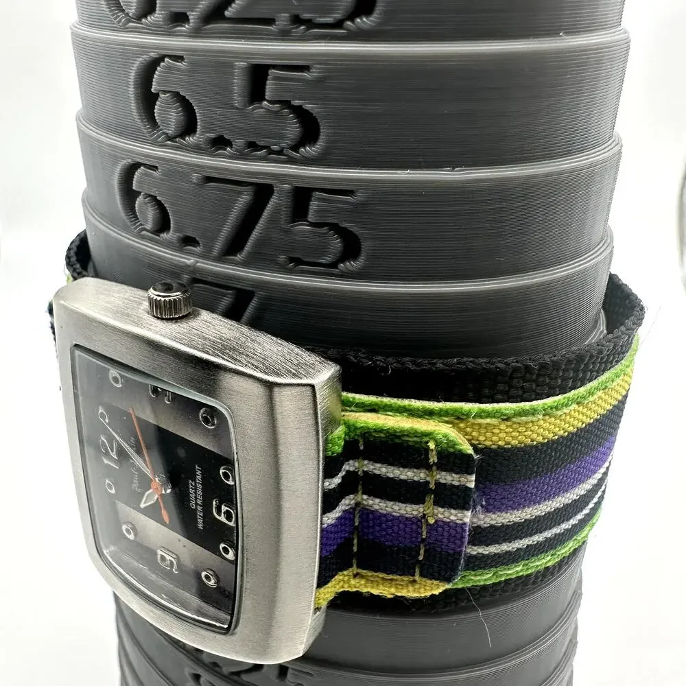 Paul Jardin Rectangular Quartz Watch Silver Tone Case Multicolor Fabric Strap